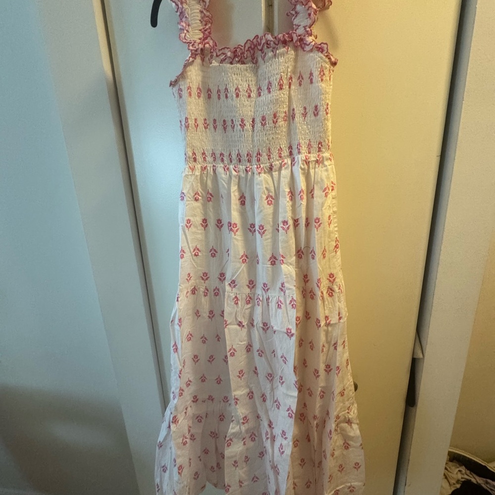 Moon River White Dress with Pink Floral Smocked Bodice - Picture 4 of 4